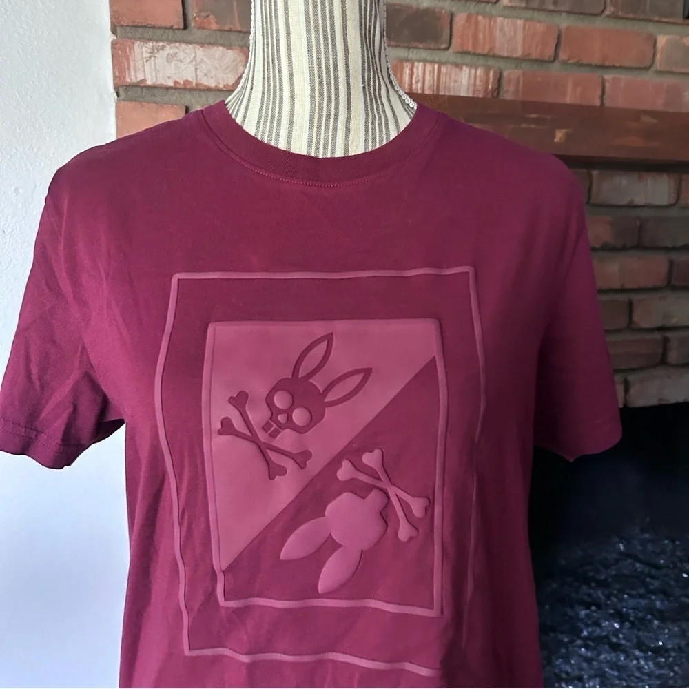 Psycho Bunny Men's Valdez Embroidered Graphic T-Shirt in Maroon Sz 3/XS